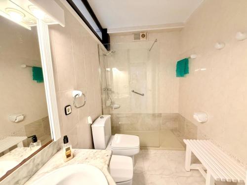 a bathroom with a toilet and a sink and a shower at Canopus sea views in Alcudia