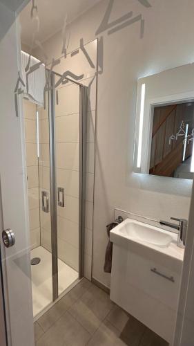 a bathroom with a shower and a sink at Appartement im Trafoturm in Rüthen