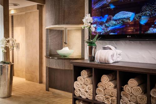 a bathroom with a television and a vase of flowers at Sauerland Stern Hotel in Willingen