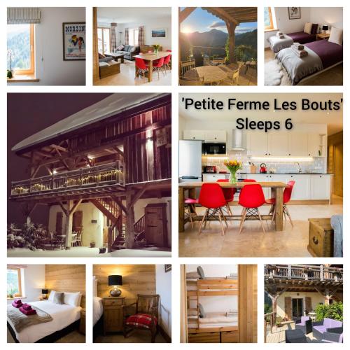 un collage d’images de maisons et de meubles dans l'établissement Family stays in Petite Ferme Les Bouts & Grenier Les Bouts - 2 properties side by side, à La Côte dʼArbroz