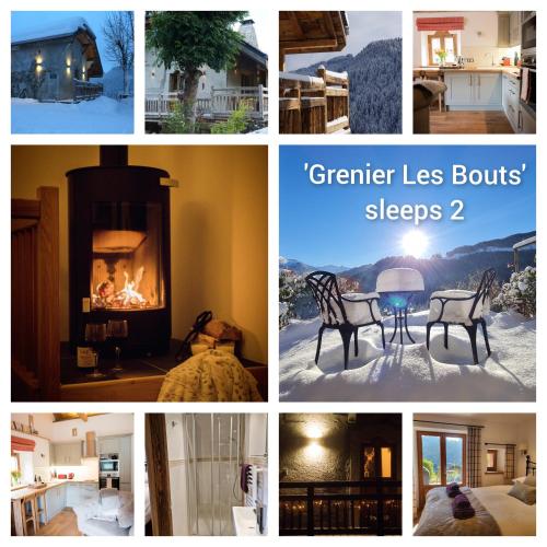un collage de photos avec une cheminée et une maison dans l'établissement Family stays in Petite Ferme Les Bouts & Grenier Les Bouts - 2 properties side by side, à La Côte dʼArbroz