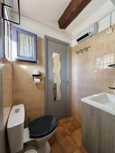 une salle de bain avec toilettes et lavabo dans l'établissement Les Laurier rose, à Saintes-Maries-de-la-Mer