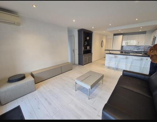 un salon avec un canapé et une table et une cuisine dans l'établissement T2 master, à Mandelieu-la-Napoule