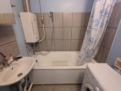 ナルヴァにあるRAKVERE 32 2 bedroom apartment on 2 floorの洗面台、浴槽、シャワーを備えたバスルーム