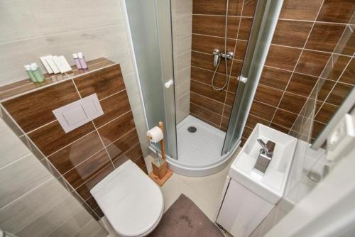 a small bathroom with a toilet and a shower at Villa Karla in Novalja