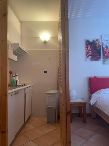 a small bathroom with a sink and a bed at Residenza Del Sole in Gressoney-Saint-Jean