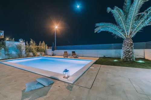 a swimming pool at night with a palm tree at Haus In Novigrad Mit Privatem Pool in Karpinjan
