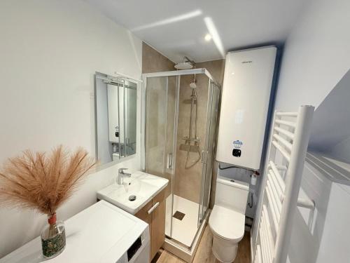 une salle de bain avec un lavabo, une douche et des toilettes dans l'établissement Cosy Azur & Corail ! 2CH Proche de Verdun, à Pau