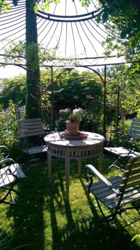a table with a potted plant on it in a yard at Villa Romantica Mit Tollem Blick Auf Den Bodensee in Sipplingen