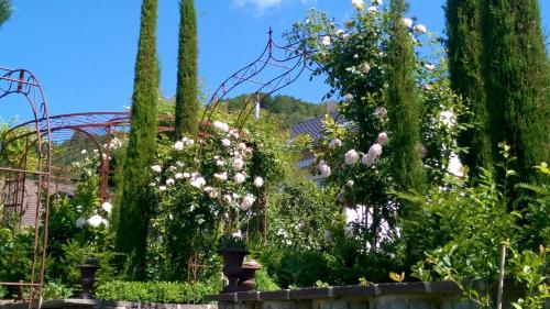 a garden with flowers and trees and a roller coaster at Villa Romantica Mit Tollem Blick Auf Den Bodensee in Sipplingen