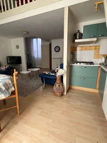 une cuisine et un salon avec un vase de fleurs dans l'établissement Les Platanes - Dali, à Lamalou-les-Bains