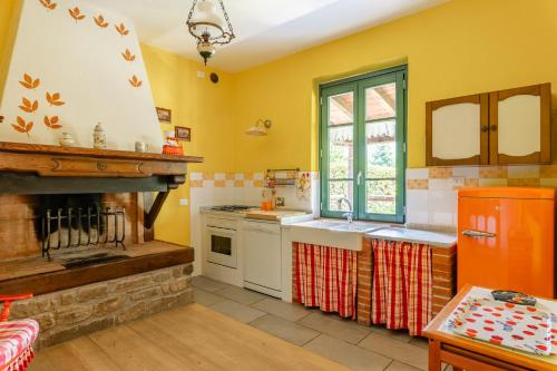 a kitchen with yellow walls and a fireplace at Rifugio Arcobaleno in Popiglio
