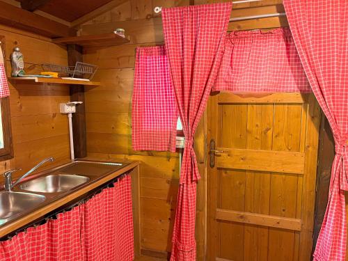 a kitchen with a sink and a door in a cabin at Le sorgenti - Chalet 57 in Palazzuolo sul Senio