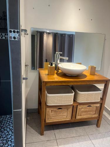 une salle de bain avec un lavabo et un miroir dans l'établissement Villa climatisé avec piscine et jacuzzi, à Carpentras