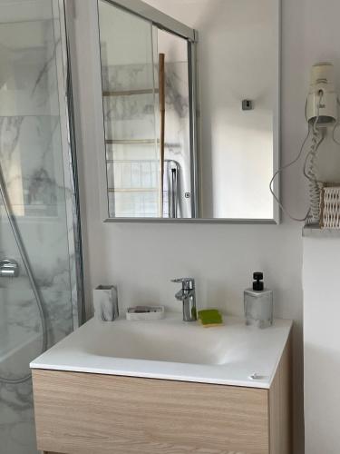La salle de bains est pourvue d'un lavabo, d'un miroir et d'une douche. dans l'établissement Appartement classé 3 étoiles face à la plage de la Nartelle, à Sainte-Maxime