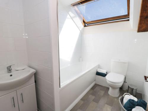 a bathroom with a white toilet and a sink at Loft Cottage in Bedale