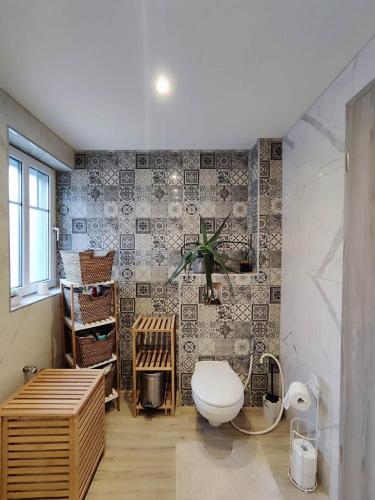 une salle de bain avec toilettes et un mur carrelé dans l'établissement #Les Dahlias - Charmante maison sur Sausheim, à Sausheim