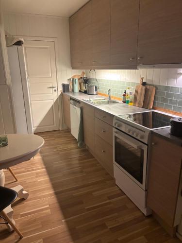 una cucina con lavello e fornello forno superiore di Hus med havutsikt i vakre Vesterålen - naboen til Lofoten a Sortland