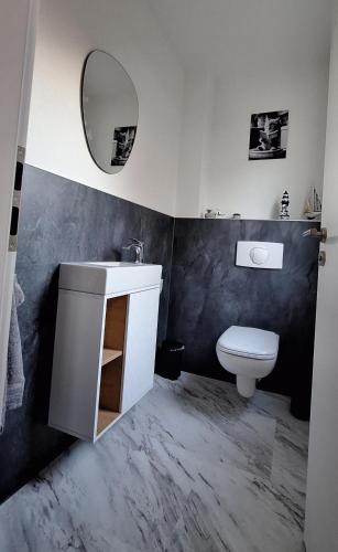 a bathroom with a sink and a toilet and a mirror at Ferienhaus Schwanensee in Senftenberg