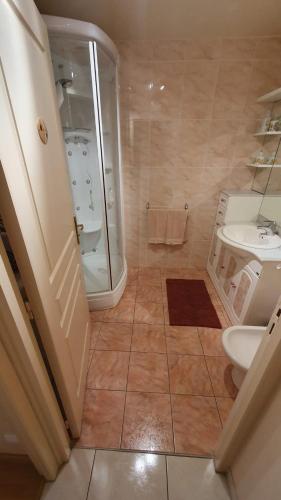 une salle de bain avec une douche, des toilettes et un lavabo dans l'établissement La terrasse de Jeanne, à Millau