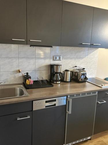 a kitchen with stainless steel appliances and a sink at Großes Apartment mit Terrasse und Garten in Oberhaching