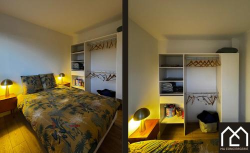 une chambre avec un lit et une étagère dans l'établissement Chez Perrine, Magnifique Appartement Face aux Remparts, à Boulogne-sur-Mer