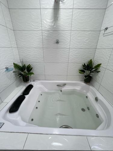 a white bath tub with two plants in it at Casa Ferry Piscina Privativa e Hidro 300m da Praia in Praia Grande