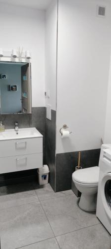 a bathroom with a toilet and a sink and a mirror at M&S Apartament in Świnoujście