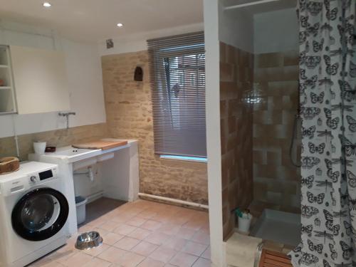 La salle de bains est pourvue d'un lave-linge et d'une douche. dans l'établissement La Lutine, à Luc-sur-Mer