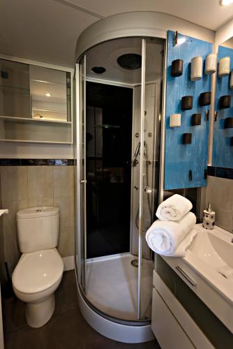 a bathroom with a toilet and a shower and a sink at Casa Rural Gite El Tossal in Collfred