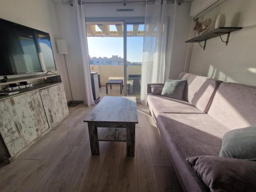 un salon avec un canapé et une table basse dans l'établissement Cozy 1 Br with a seaview, AC, Pool and Parking, à Antibes