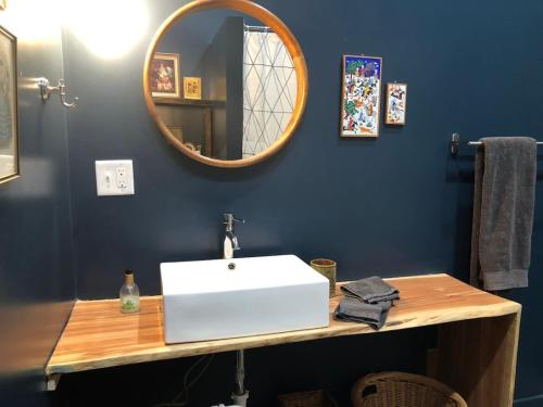 a bathroom with a white sink and a mirror at Downtown Lynchburg REAL loft living Va Virginia in Lynchburg