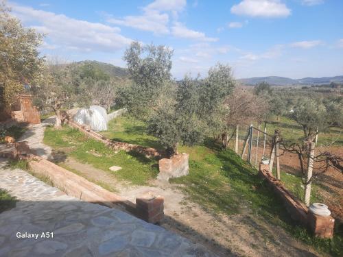 uitzicht op een tuin met bomen en een hek bij Ali dede kamp karavan bungalow in Kuşadası