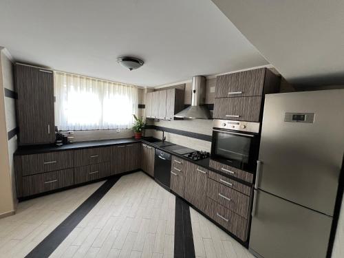 a kitchen with wooden cabinets and a stainless steel refrigerator at Villa Maria in Nižepole