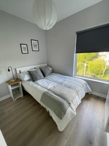 a bedroom with a bed and a large window at Modern and Spacious Apt5 Sleeps 6 Free Parking in Galway