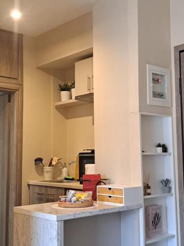 a kitchen with a counter top in a room at Elegant City Center Apartment in Serres