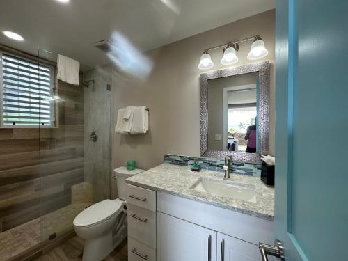 a bathroom with a sink and a toilet and a mirror at Secret Harbour Beach Resort in St Thomas