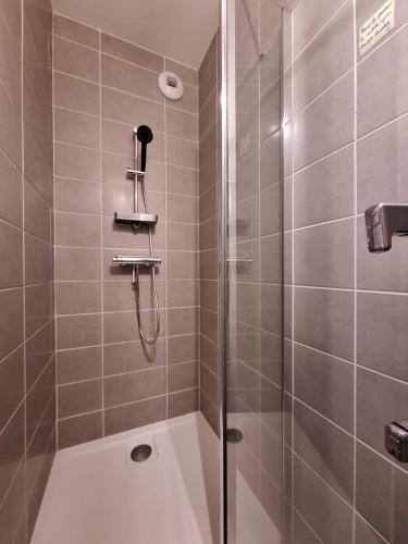 une salle de bain avec une douche avec une porte vitrée dans l'établissement Lovely cozy apartment with large terrace, à Allonzier-la-Caille