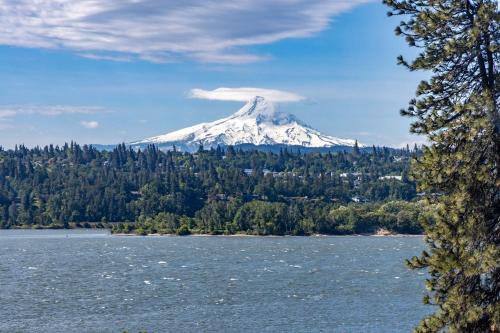 ein schneebedeckter Berg auf einem See in der Unterkunft Inventor's Cottage in Underwood