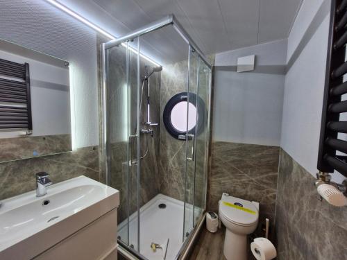 a bathroom with a shower and a toilet and a sink at Hausboot Fjord MobyDick in Flensburg mit Dachterrasse in Flensburg