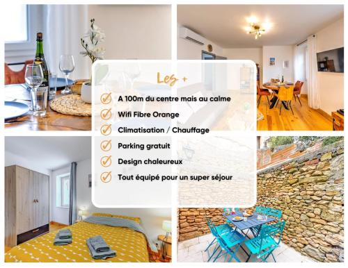 a collage of pictures of a room with a stone wall at 3 pièces, climatisé, calme, 100m du centre, parking, "Lyriade" in Sarlat-la-Canéda