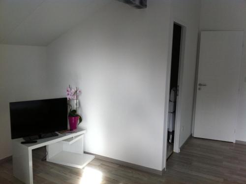 a living room with a television on a white wall at La Petite Ecole in Marciac