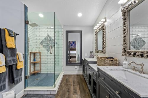 a bathroom with a shower and a sink at Tropical Oasis- Pickleball, Pool, Hot Tub- 15 min to beach in Melbourne