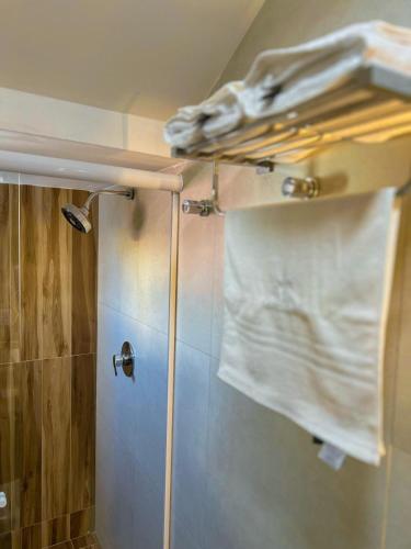 a towel is hanging on a towel rack in a bathroom at Hotel Flor de Lis in Brejo Santo