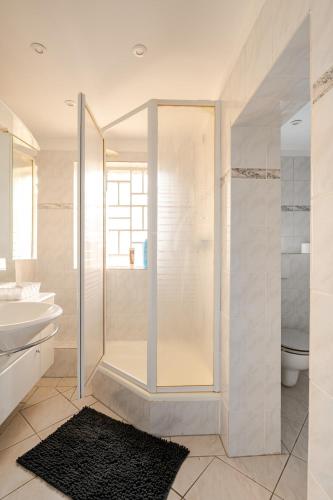 a bathroom with a shower and a toilet and a sink at Familien Oase mit Jacuzzi und Garten in Hamburg