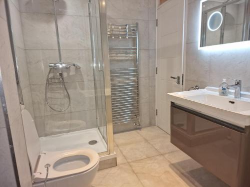 a bathroom with a shower and a toilet and a sink at NightRest Homes Smart TV In Each Room - Parking - Hemel Hempstead in Hemel Hempstead