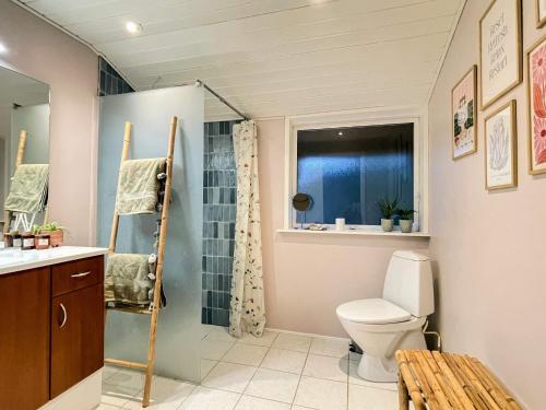 baño con aseo y ducha y ventana en 6 person holiday home in Ålbæk, en Ålbæk
