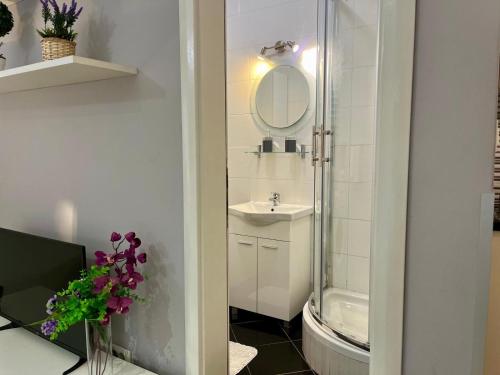 a bathroom with a shower and a sink and a mirror at Apartments Versus in Mlini