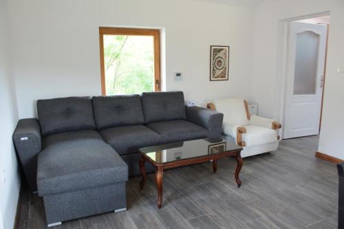 a living room with a couch and a coffee table at Serbina in Kandalica