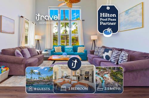 a collage of a living room with purple furniture at Hilton Pool Pass Included - Stylish Central Villa Mins to Beach Pool & Spa in Waikoloa